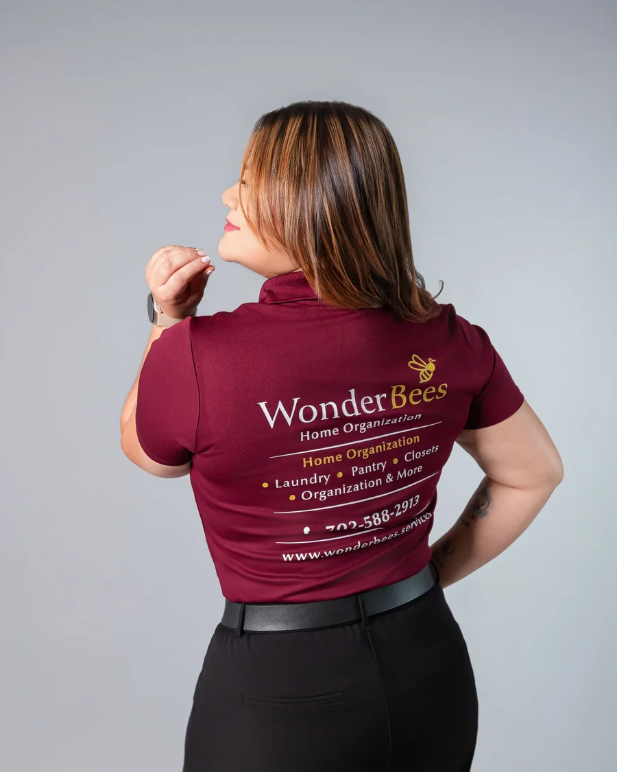 Wonder Bees Services branded uniform showing the full list of home organization services